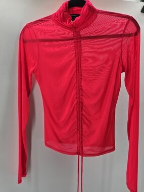 Forever 21 Hot/Neon Pink Mesh Long-Sleeve Ruched Top